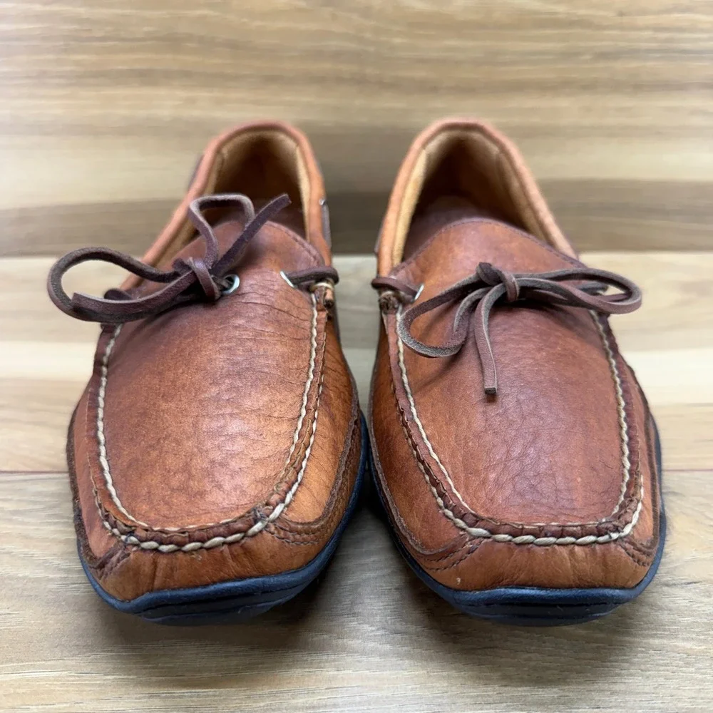 LL Bean Casco Bay Boat Shoes Mens 9.5 D Brown Tumbled Leather Moc Toe Loafers